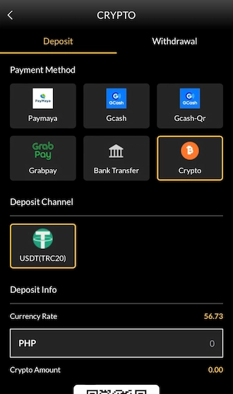 Step 1: select Crypto. Then select the deposit channel as USDT(TRC20).