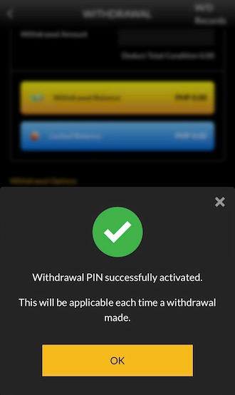 Step 4: The withdrawal PIN notification system has been successfully activated.