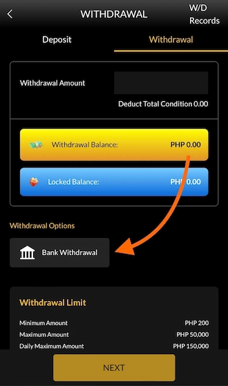 Step 1: Select the Bank Withdrawal section.