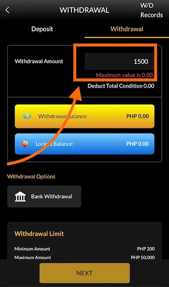 Step 5: Enter the withdrawal amount and select a withdrawal bank.