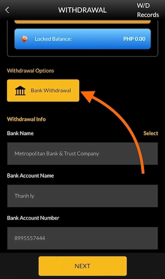 Step 2: Select a bank account you want to transfer your winnings to.